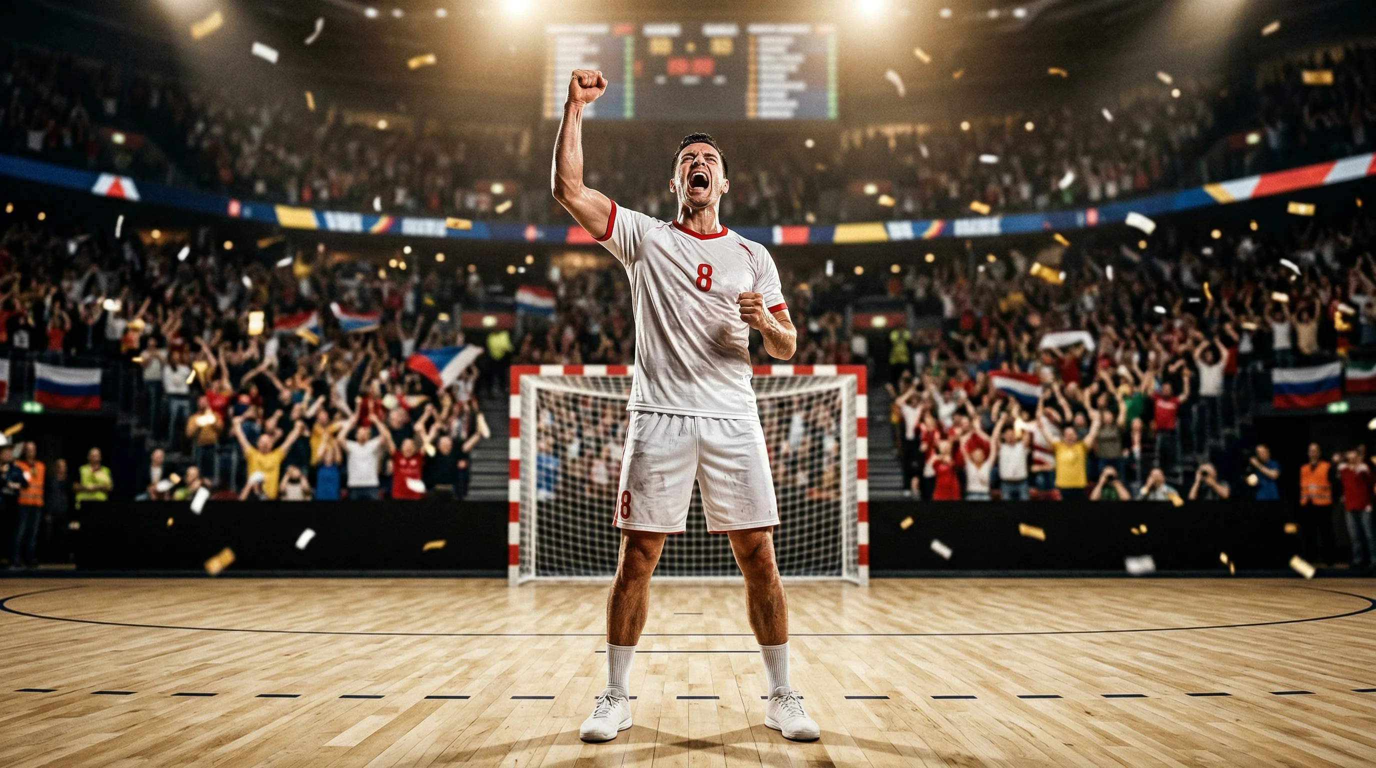 Handball-Spieler in weißem Trikot feiert triumphierend mit geballter Faust bei der WM