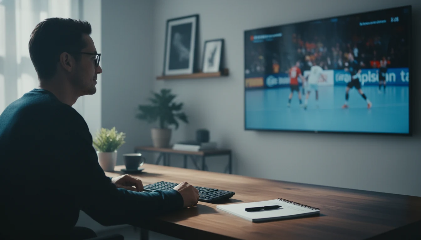 Fokussierter Sportwetter verfolgt Handball-Spiel am Bildschirm