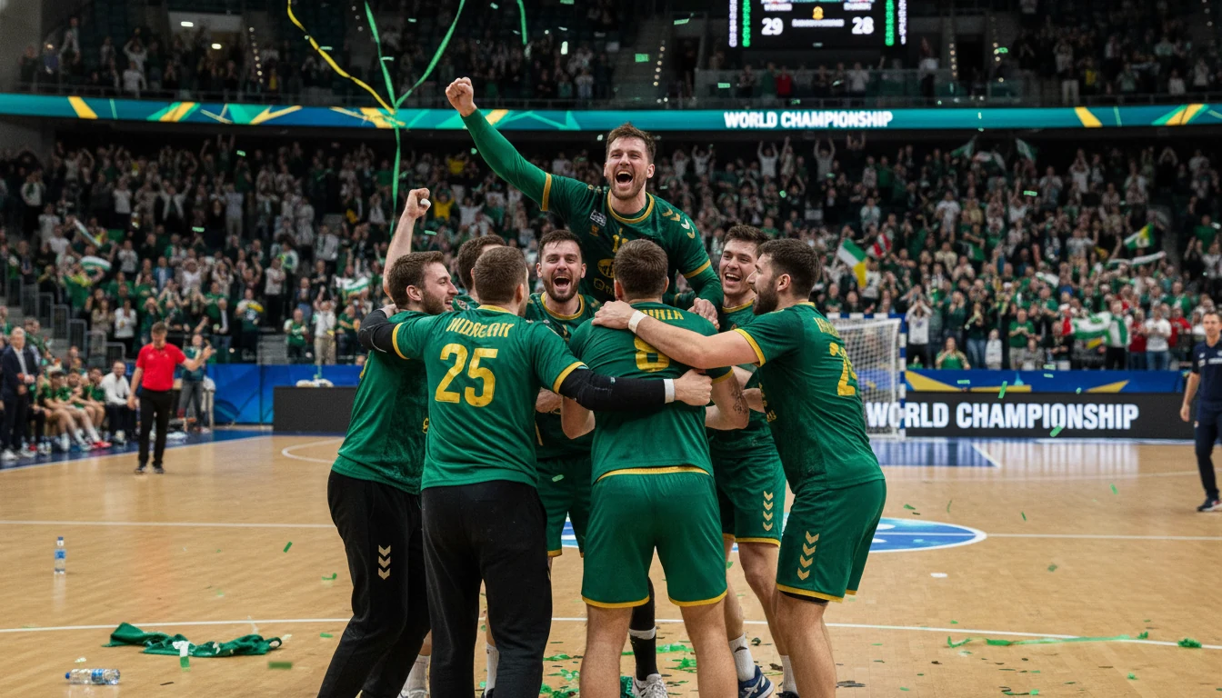 Jubelnde Handball-Spieler nach einem überraschenden Sieg