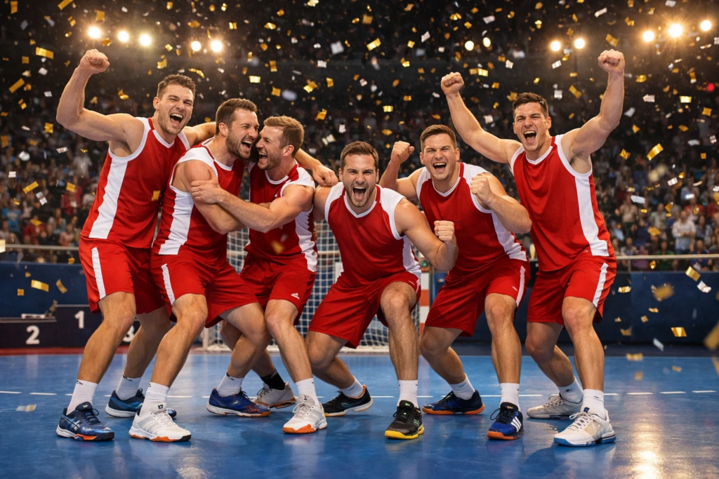 Handball-Nationalmannschaft feiert einen Sieg bei der Weltmeisterschaft