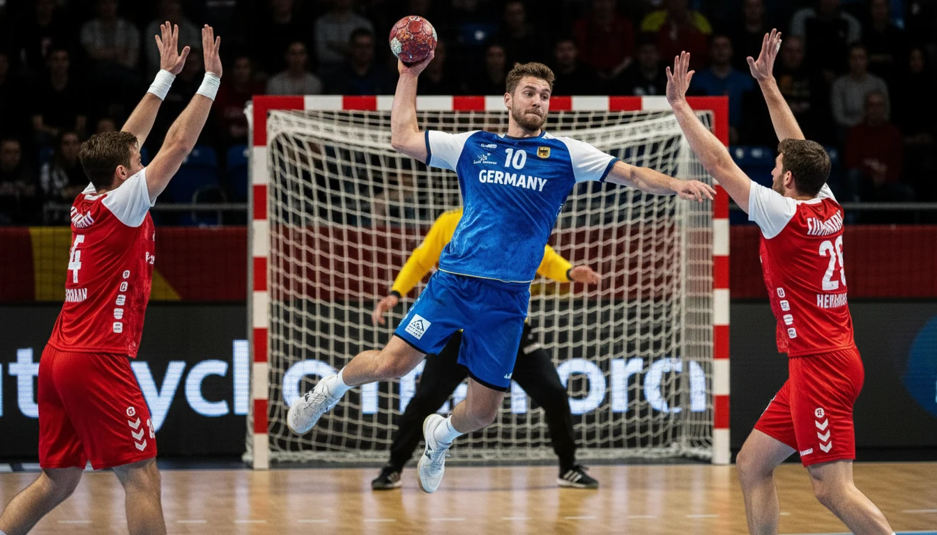 Rückraumspieler beim kraftvollen Torwurf im Handball