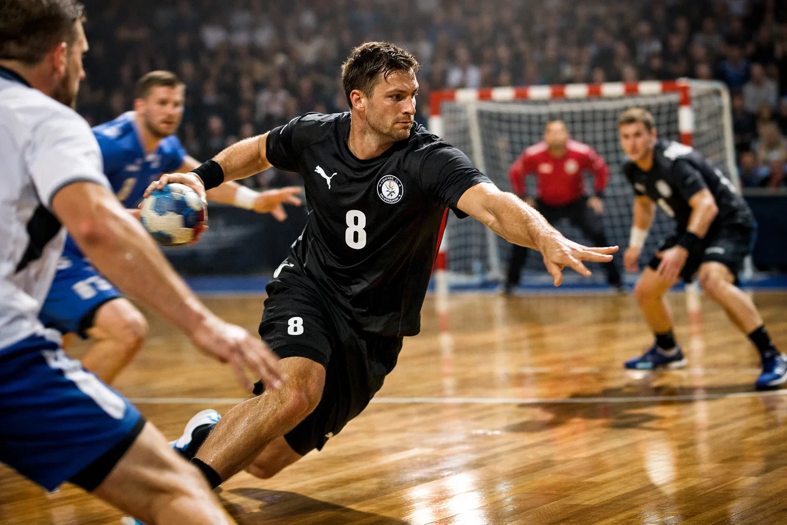 Deutscher Spielmacher in Aktion während eines Handball-Spiels
