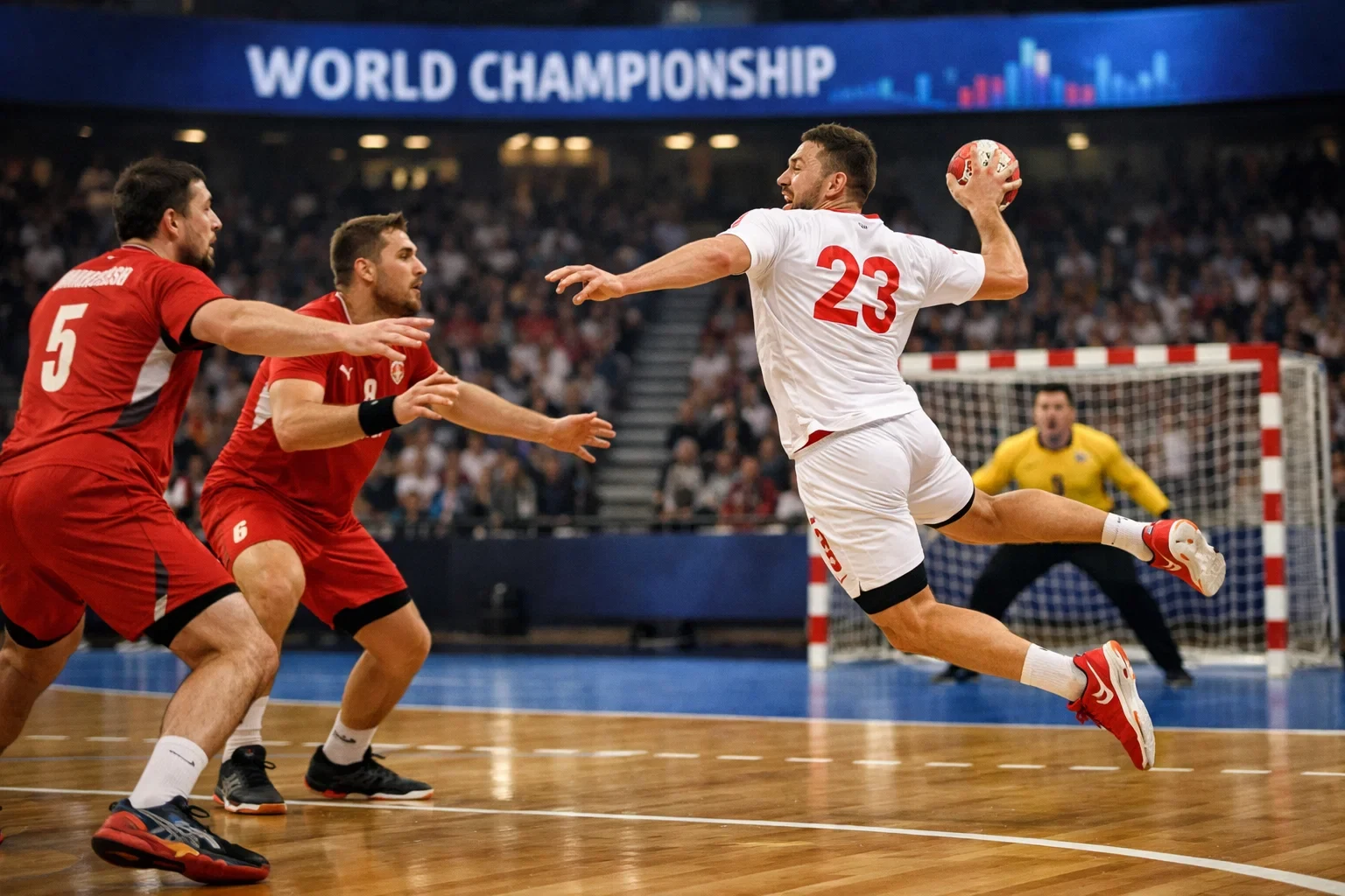 Handball-Spieler in Aktion während eines WM-Spiels