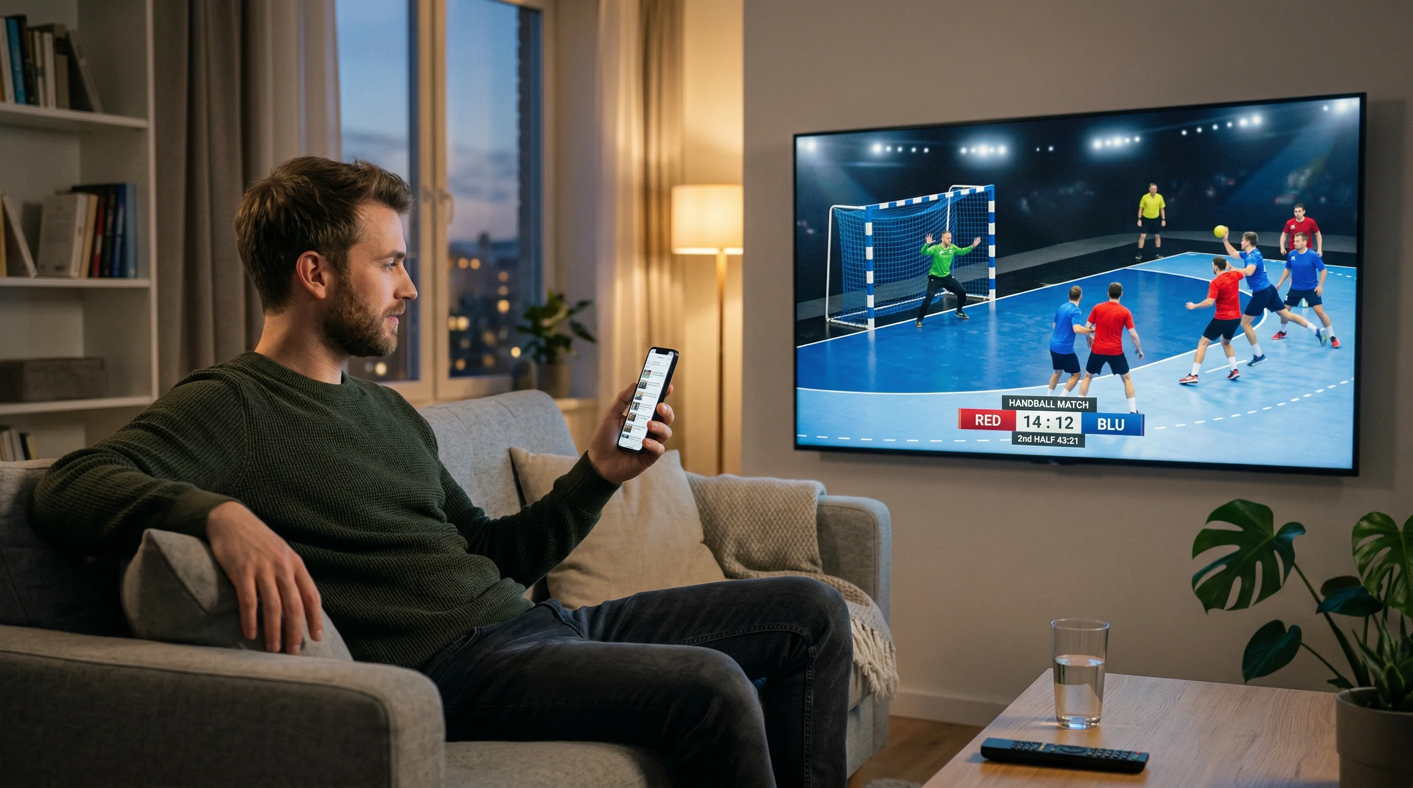 Handball-Fan mit Smartphone vor einem Fernseher mit laufendem WM-Spiel