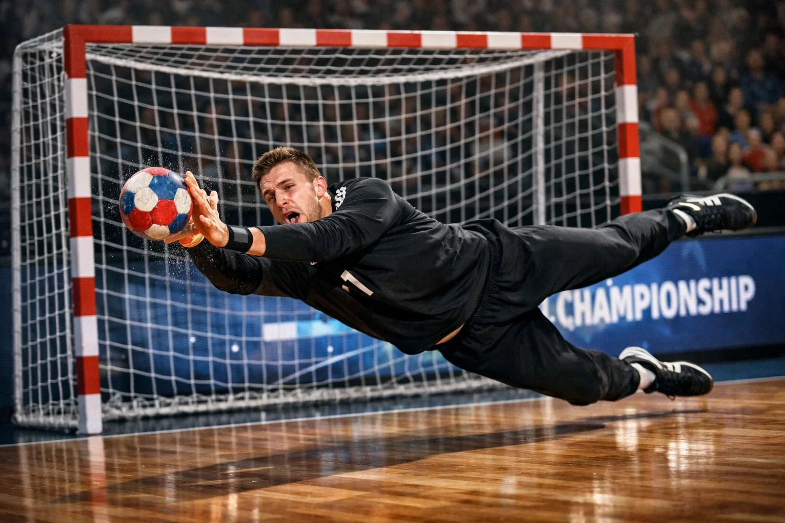 Torhüter bei einer spektakulären Parade im Handball