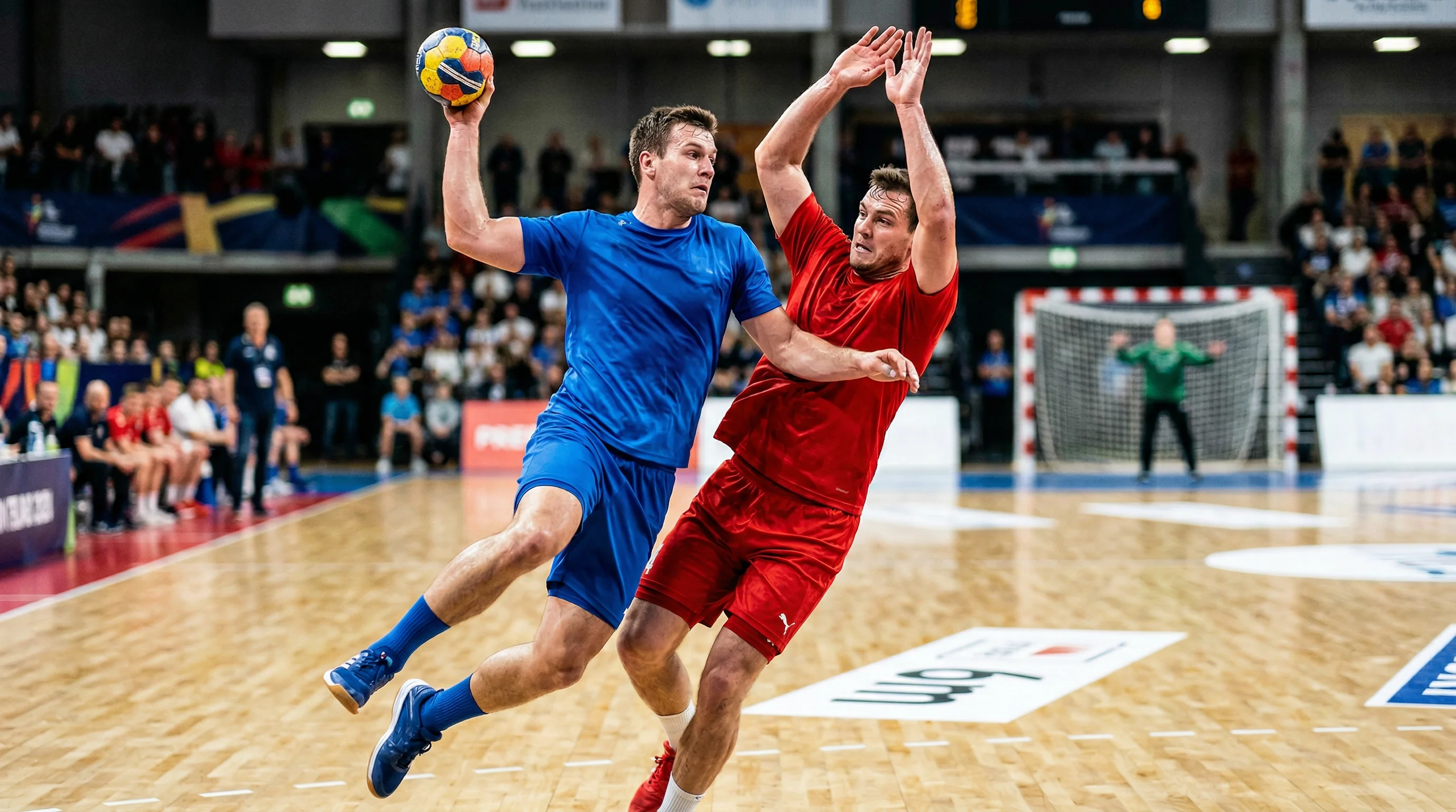 Nahaufnahme eines Handballspiels mit Spielern und Zuschauern in einer WM-Halle