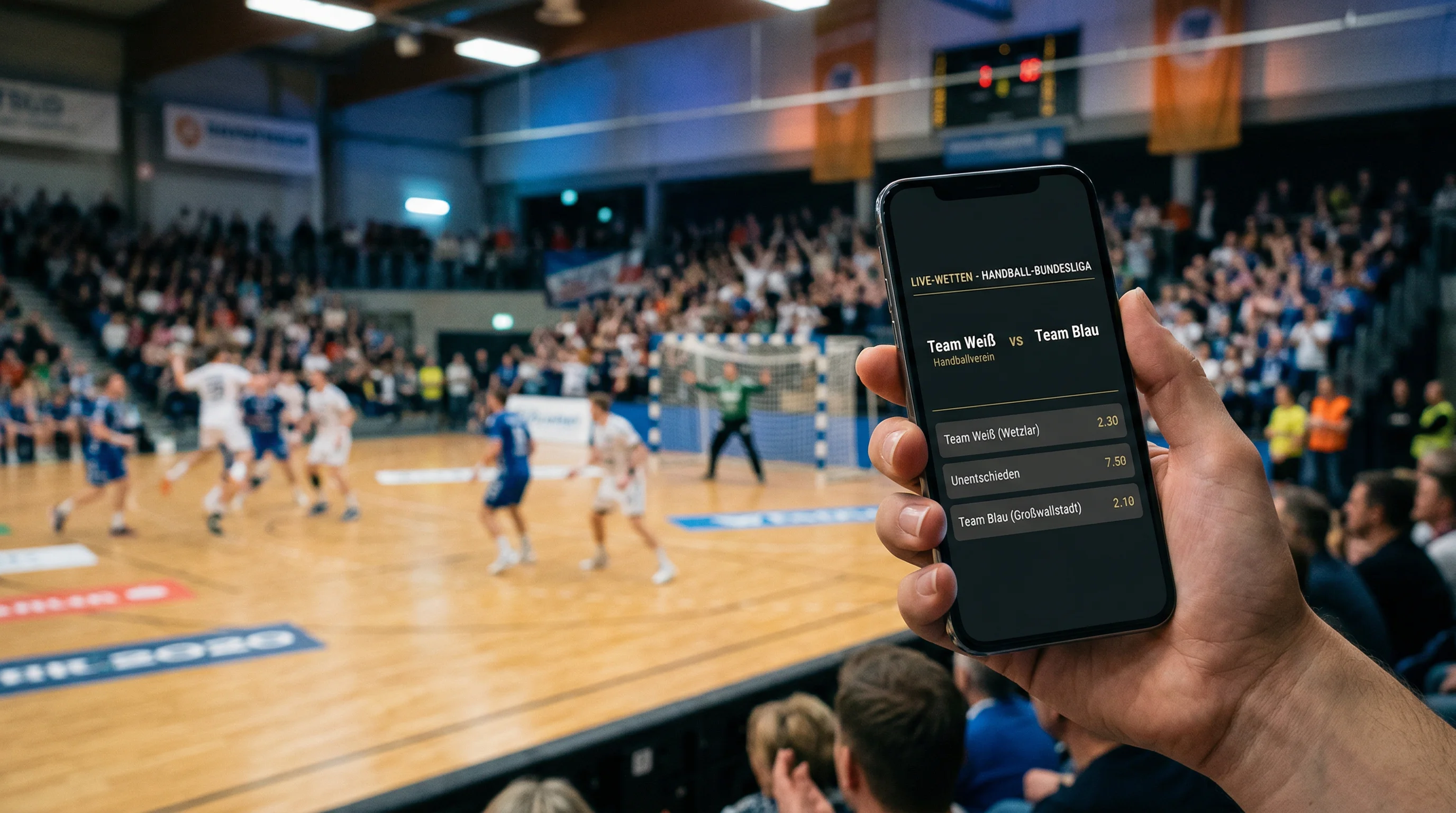 Hand hält Smartphone mit Sportwetten-App vor unscharfem Handball-Spielfeld