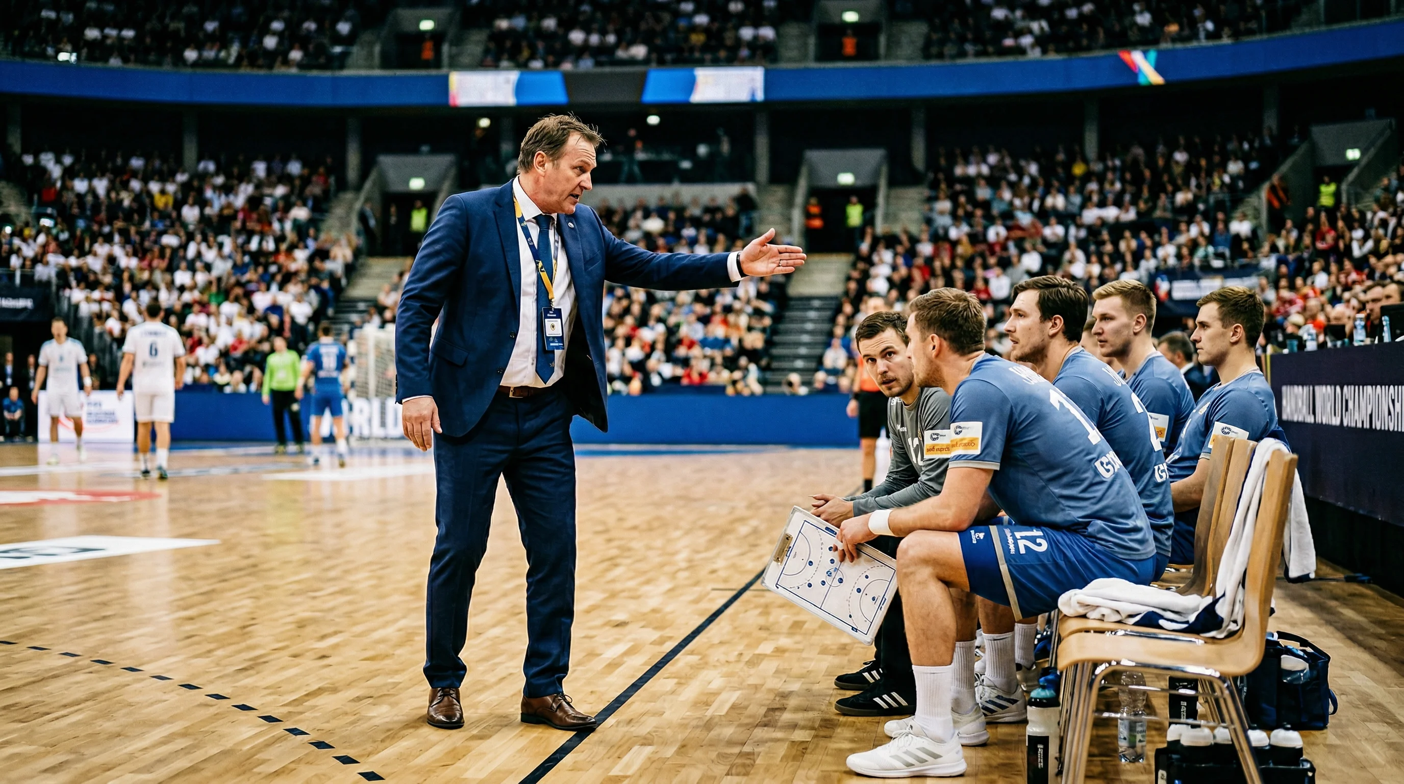 Handball-Trainer gibt taktische Anweisungen an Spieler während einer WM-Auszeit