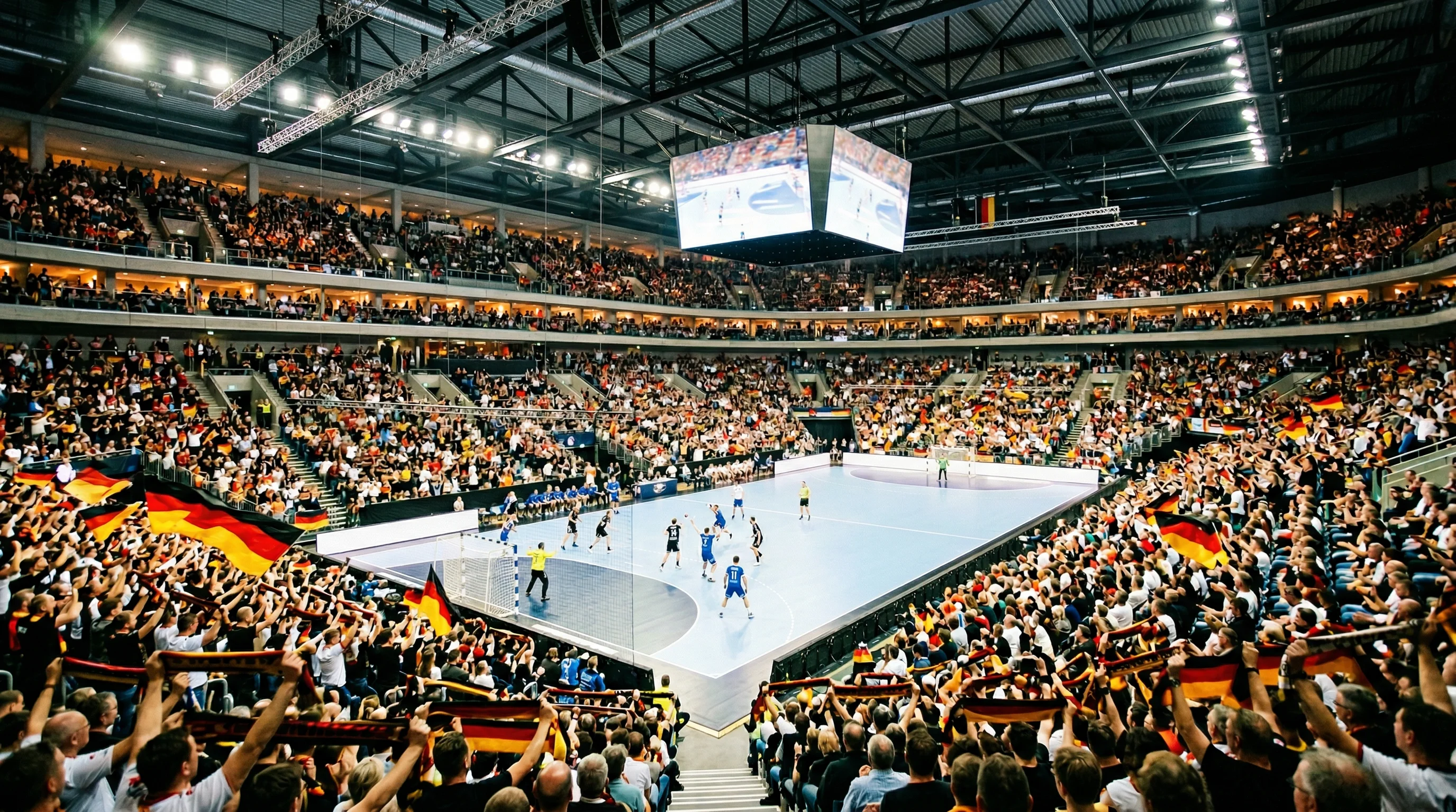 Ausverkaufte deutsche Handball-Arena mit Fans und Fahnen bei einem WM-Spiel