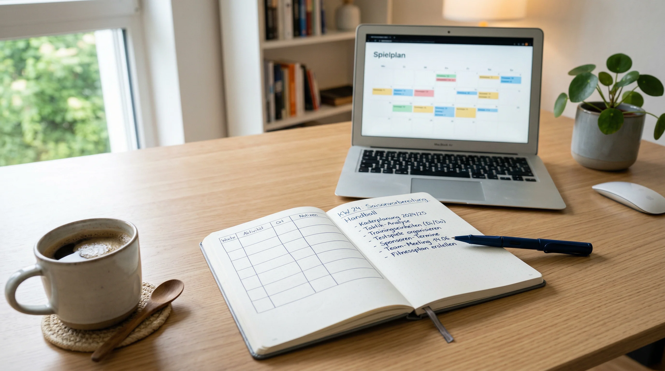 Person notiert Wettplan in einem Notizbuch neben einem Laptop mit Handball-Spielplan