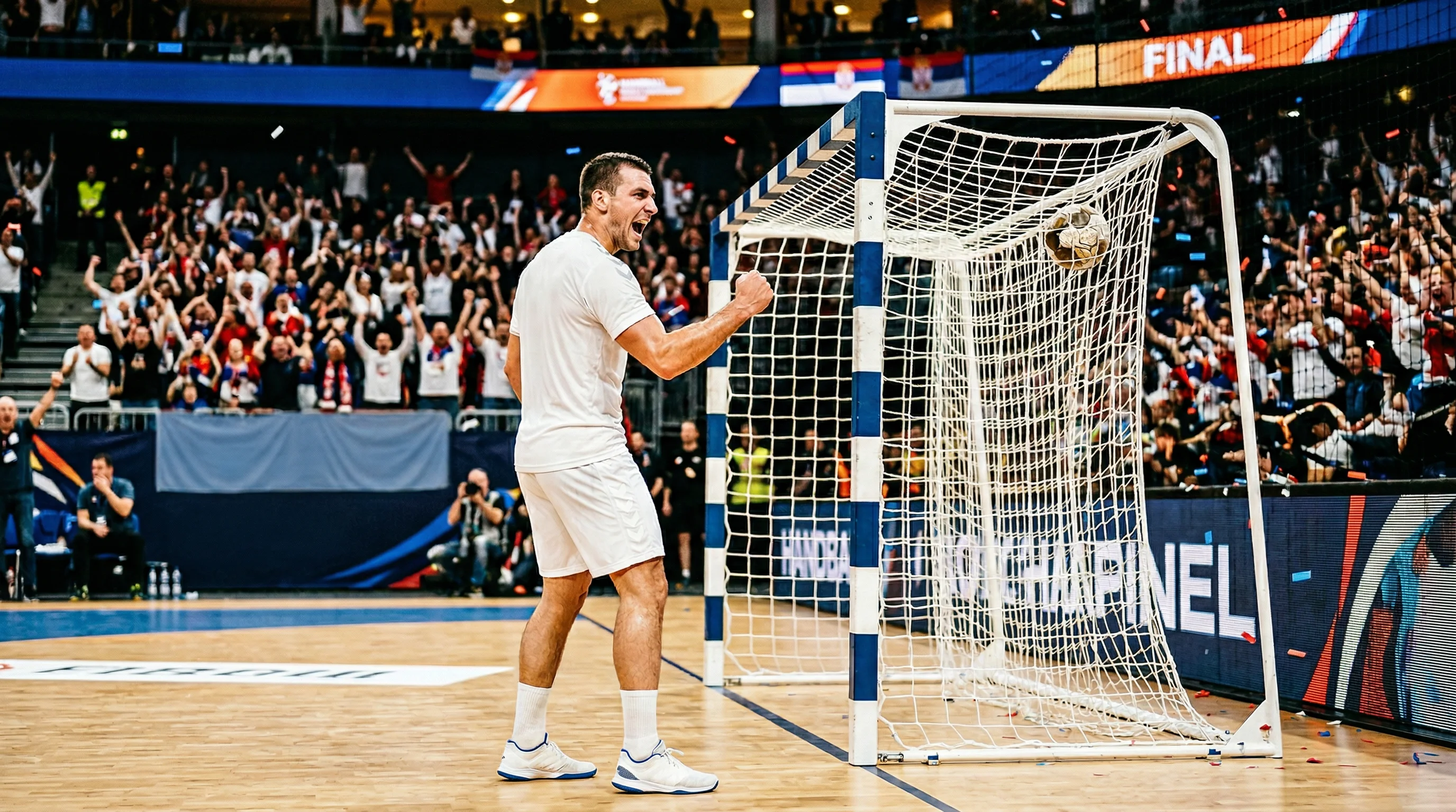 Handball-Spieler jubelt nach einem Tor vor begeisterten Zuschauern bei der WM