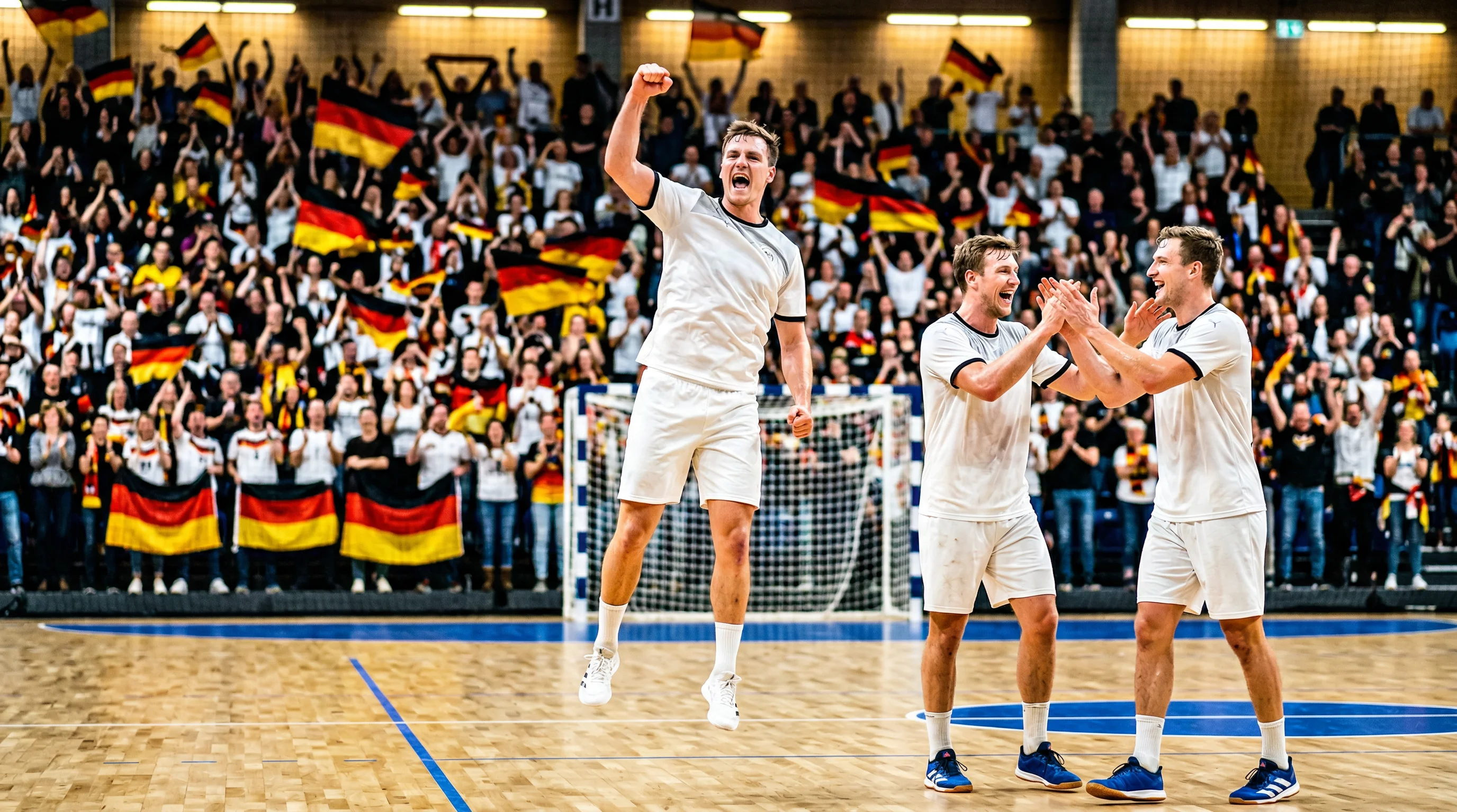 Deutsche Handball-Spieler in weißen Trikots beim Torjubel vor begeisterten Fans
