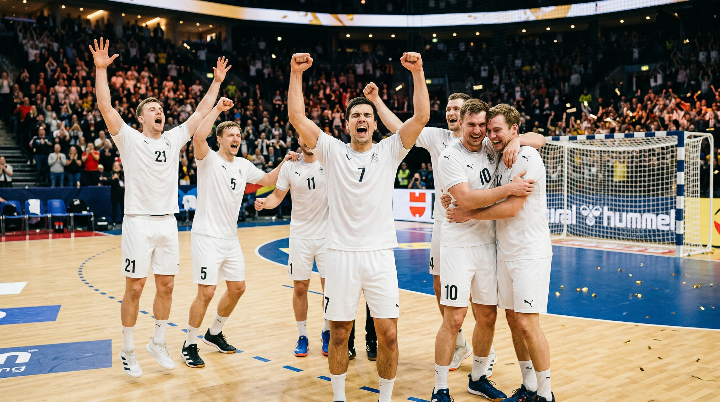 Handball-Mannschaft feiert einen Sieg mit Jubel und erhobenen Armen bei der WM