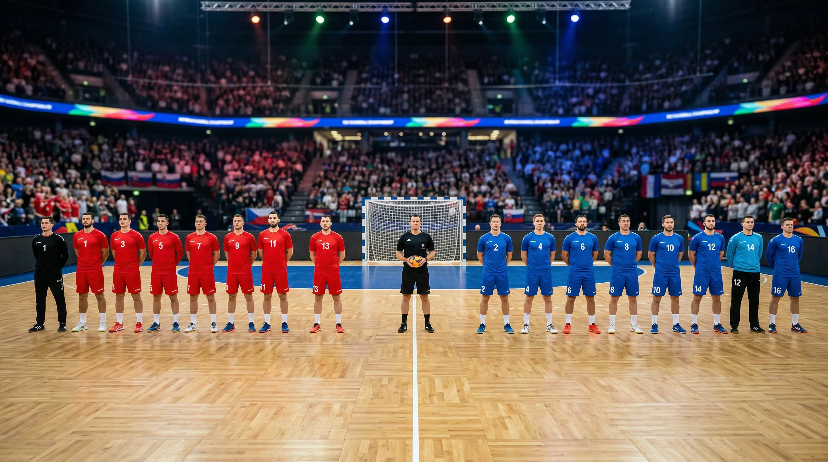 Zwei Handball-Mannschaften stehen sich vor dem Anpfiff in einer WM-Halle gegenüber