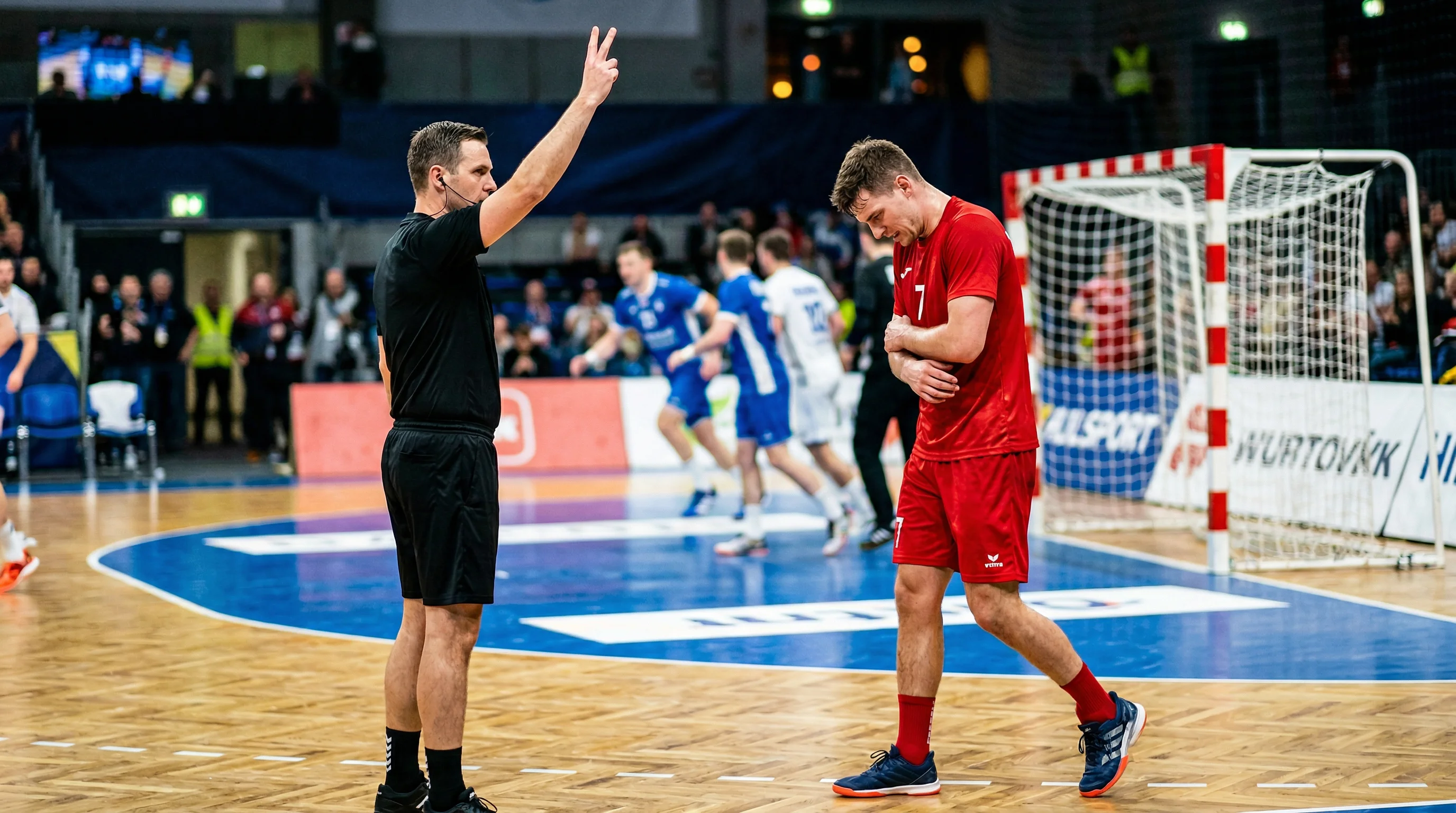 Handball-Schiedsrichter zeigt Zeitstrafe während eines intensiven WM-Spiels