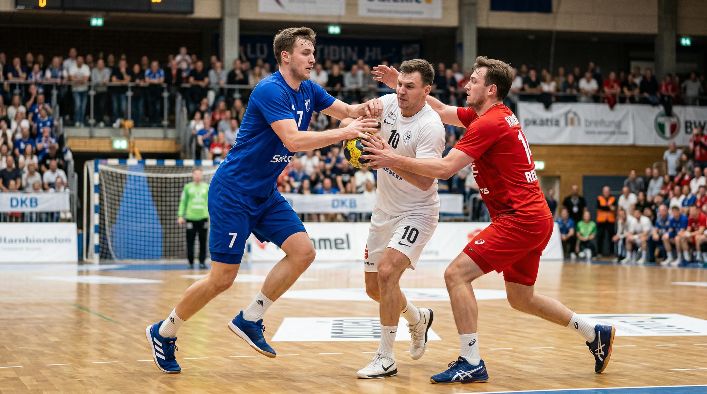 Drei Handball-Spieler verschiedener Mannschaften kämpfen gleichzeitig um den Ball