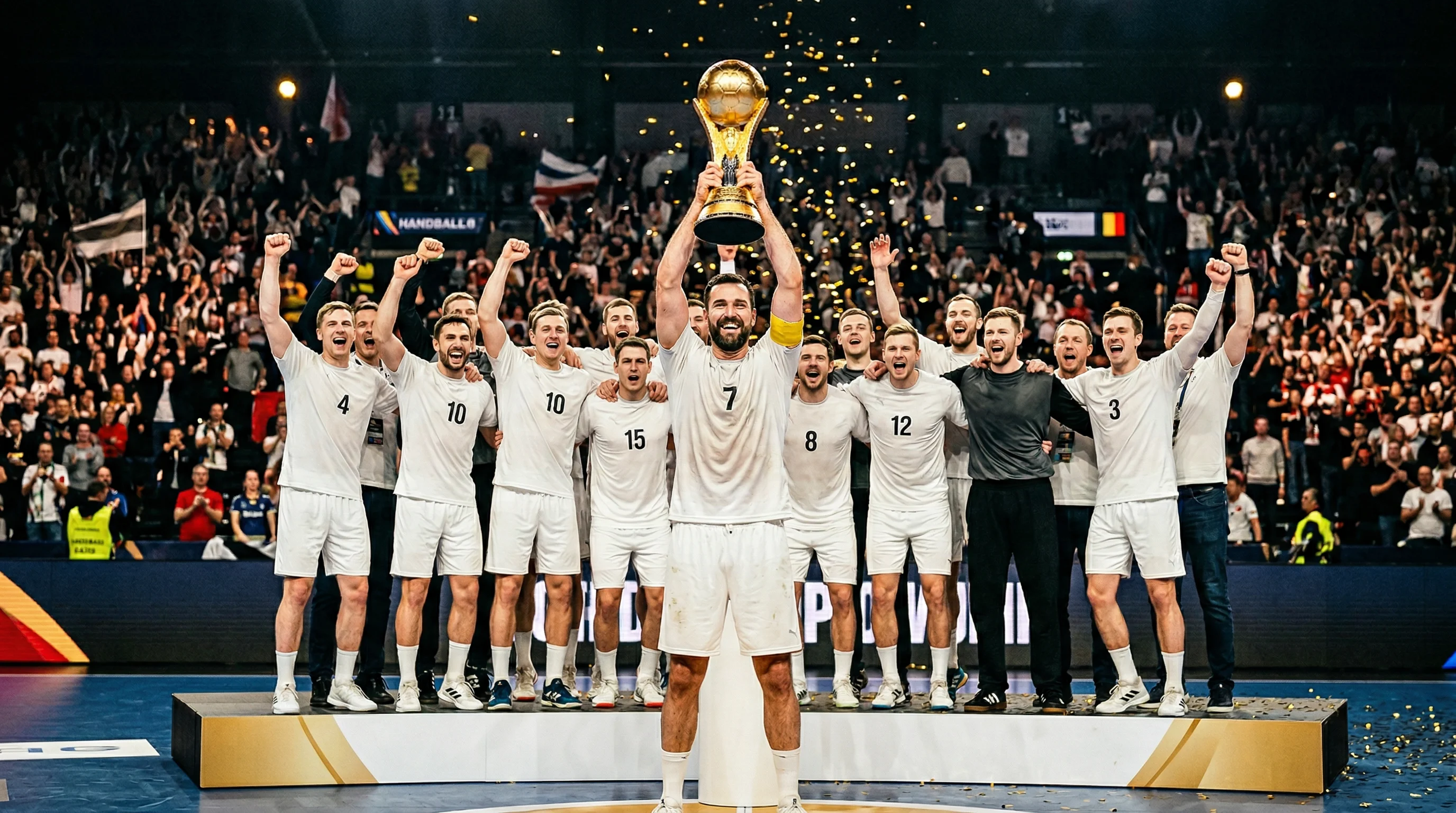 Handball-Mannschaft hebt den WM-Pokal in die Höhe bei der Siegerehrung
