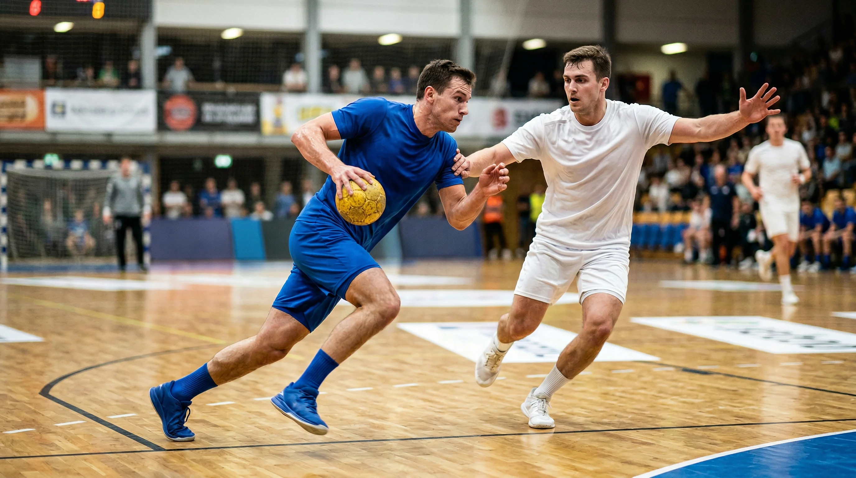 Handball-Spieler kämpfen um den Ball in einer schnellen Spielszene bei der WM