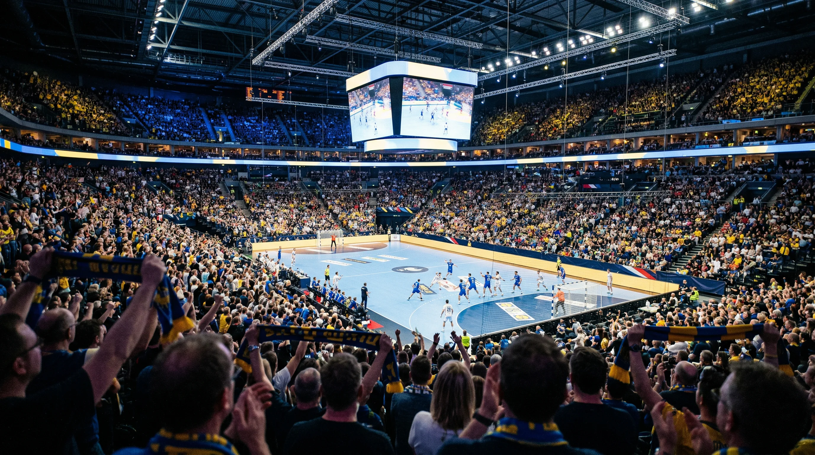 Zuschauer in einer Handball-Arena verfolgen ein WM-Spiel unter Flutlicht