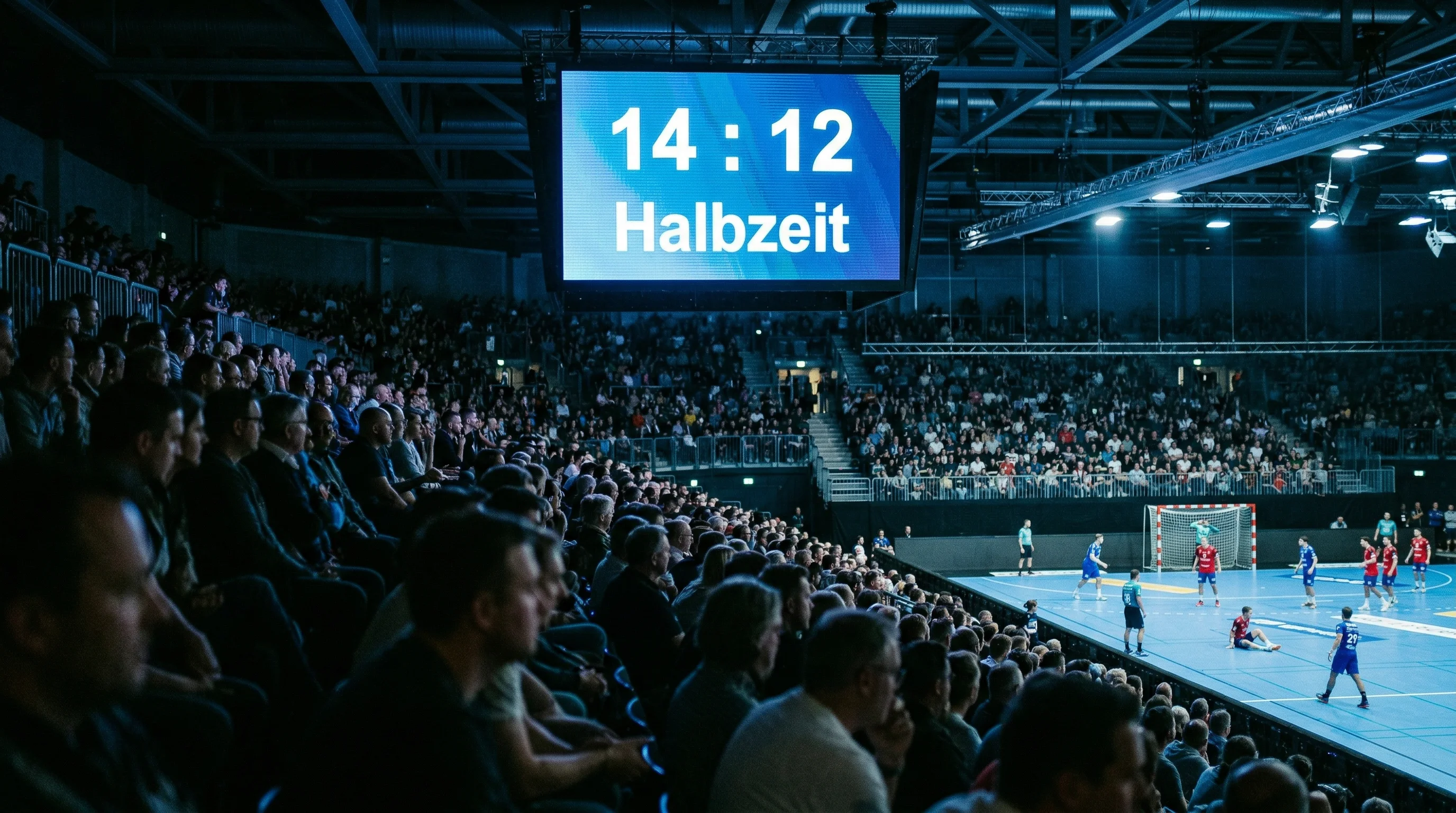 Handball-Anzeigetafel in einer Sporthalle mit Spielstand und Zuschauern
