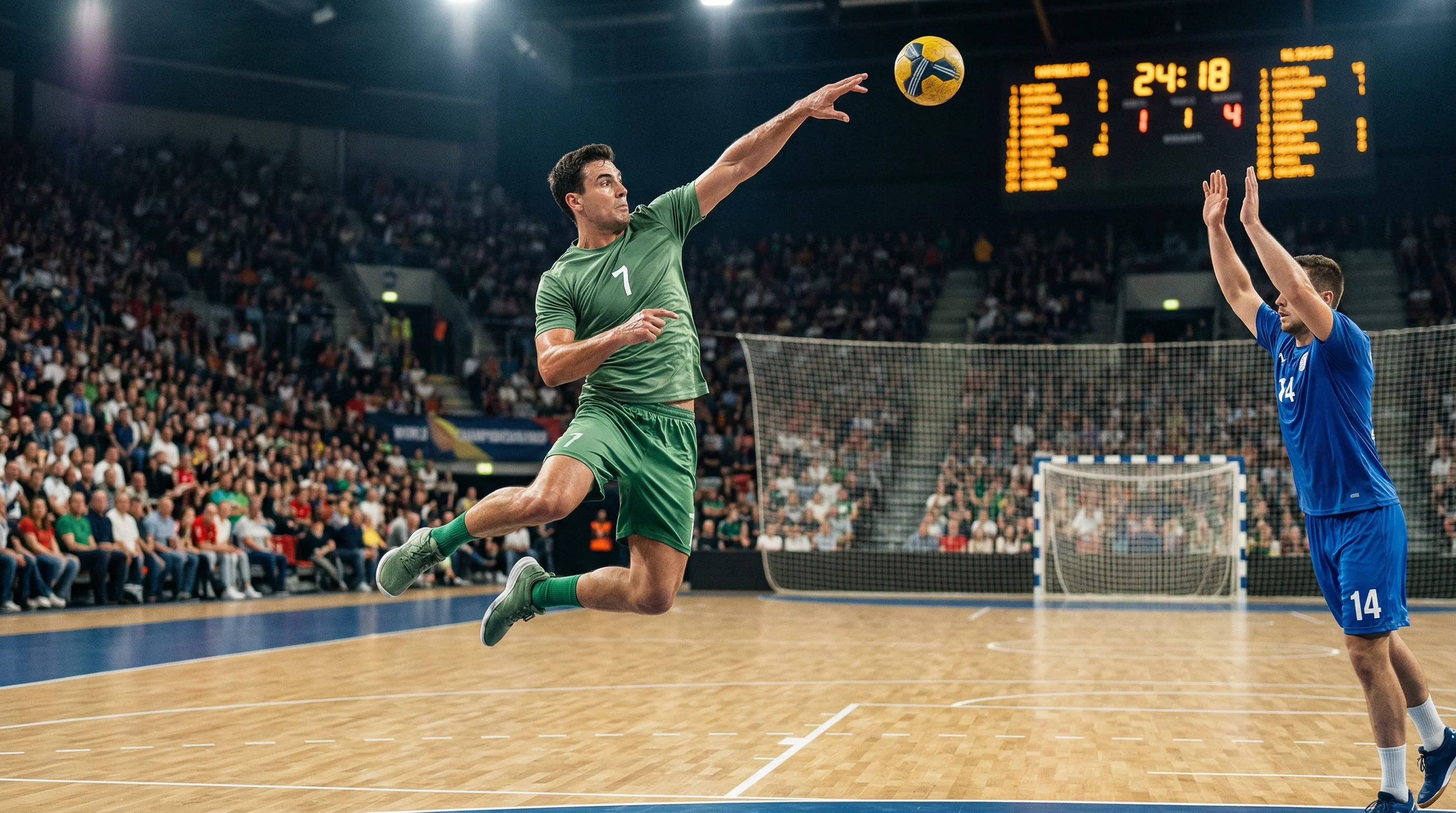 Handballspieler in Aktion beim Sprungwurf vor einer großen Anzeigetafel in der Arena