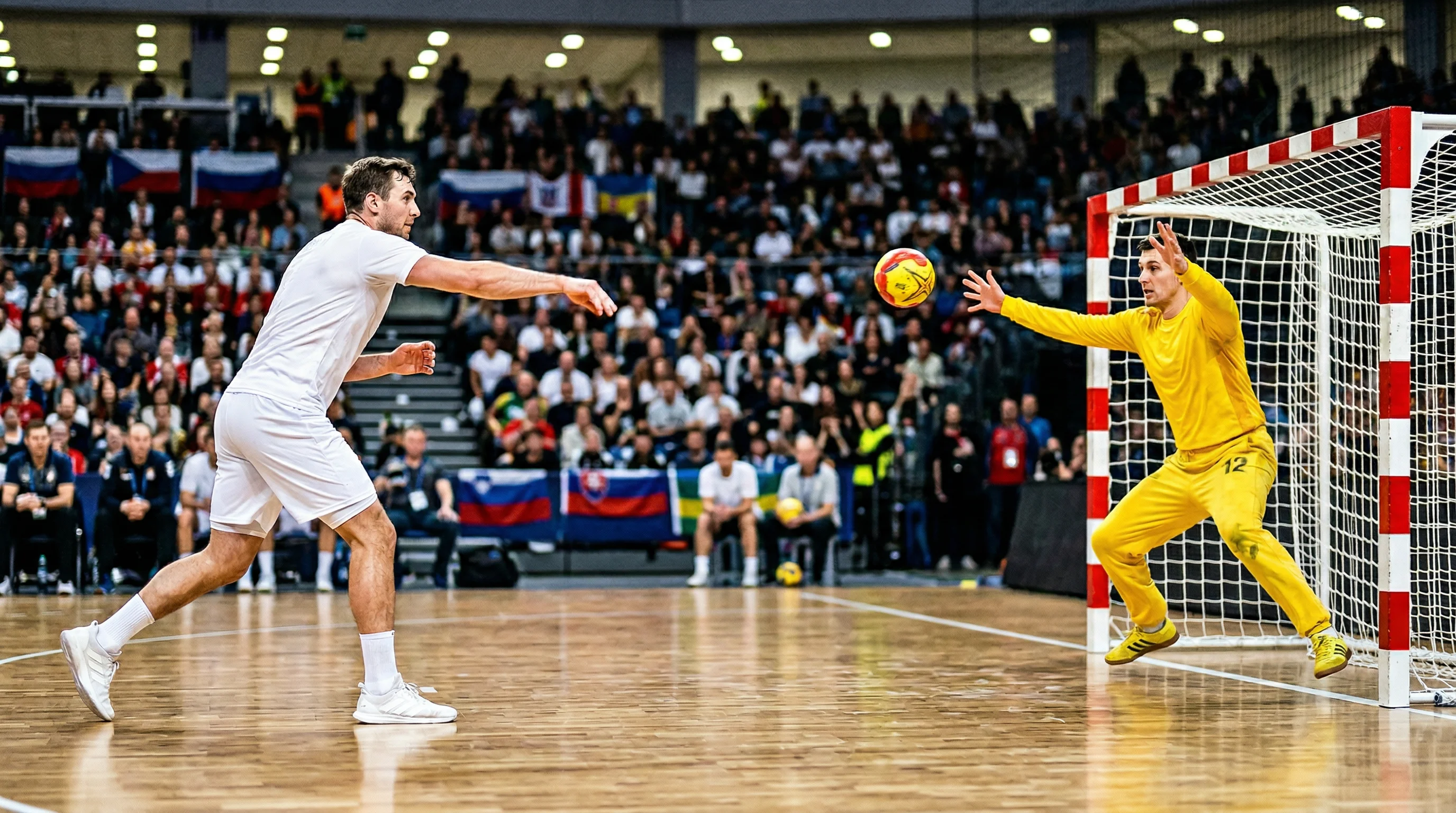 Handball-Spieler beim Siebenmeter-Wurf gegen den Torhüter bei der WM