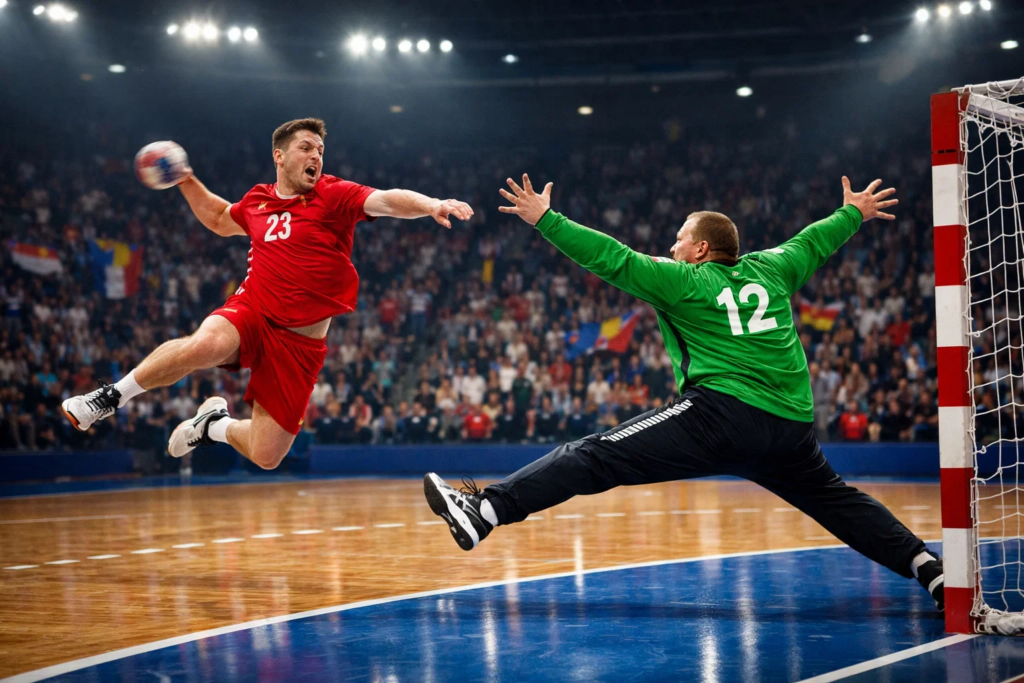 Spannende Spielszene bei der Handball-Weltmeisterschaft mit Torwurf