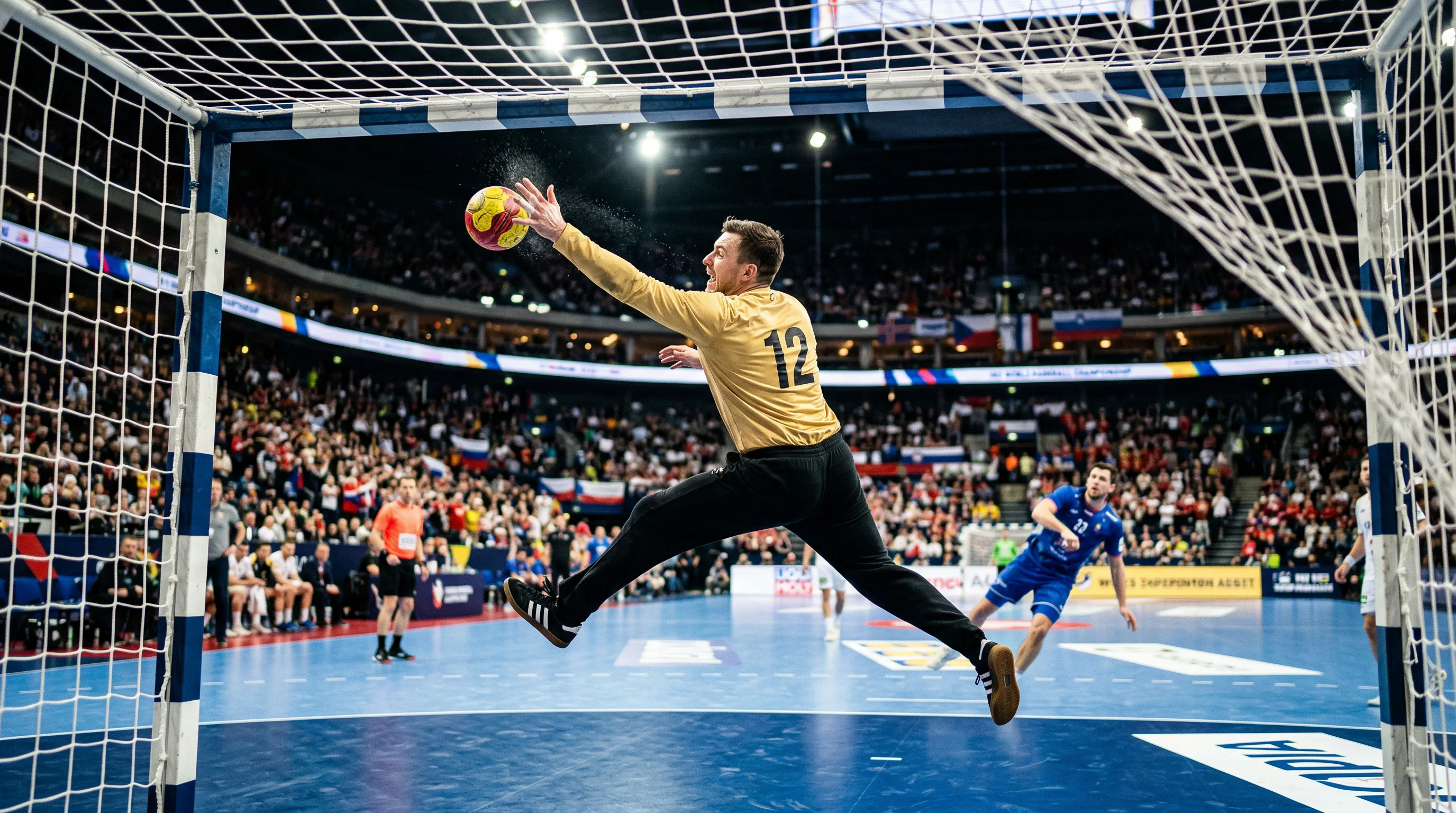 Handball-Torhüter hält einen Wurf mit gestrecktem Arm bei einem WM-Spiel