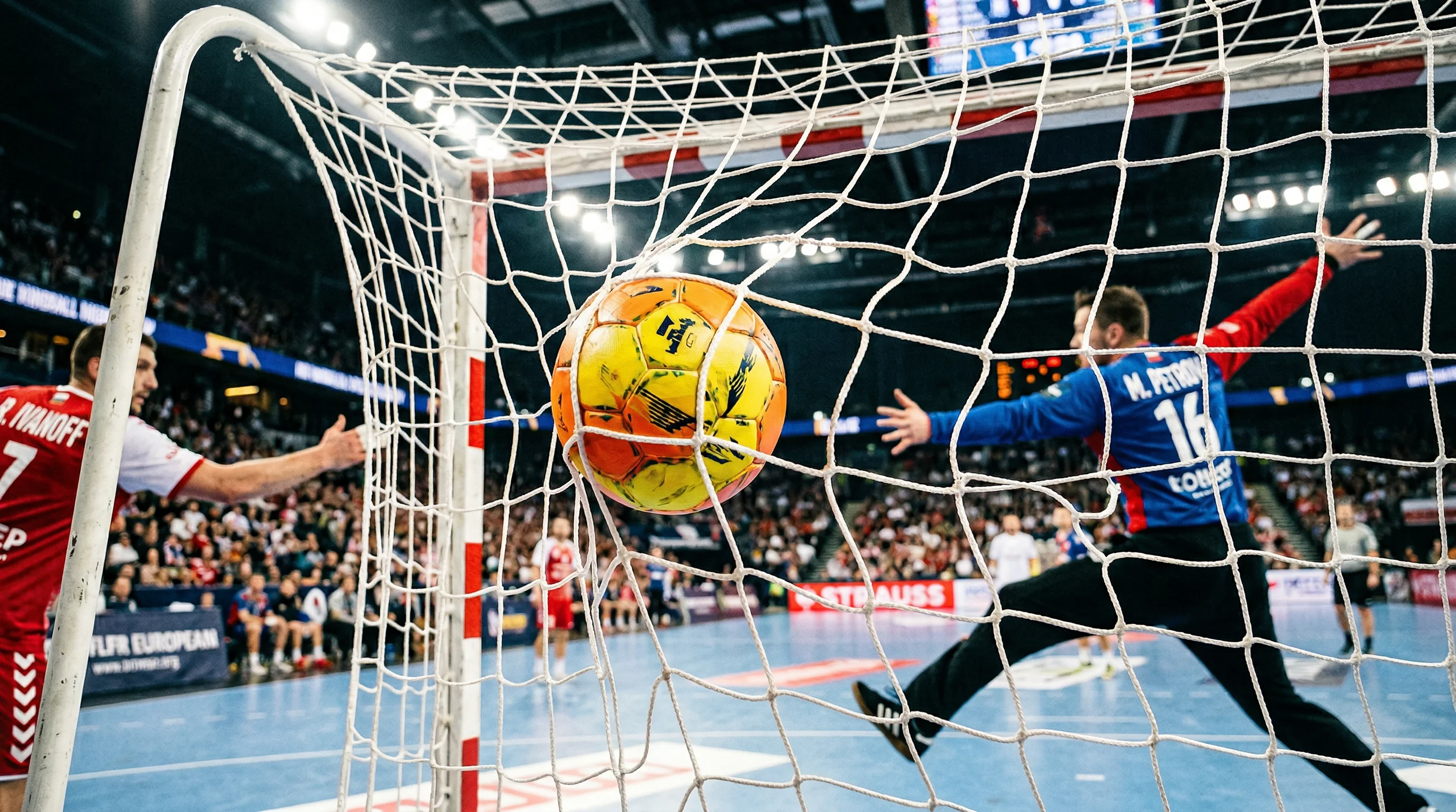 Handball fliegt ins Tornetz bei einem kraftvollen Wurf während eines WM-Spiels