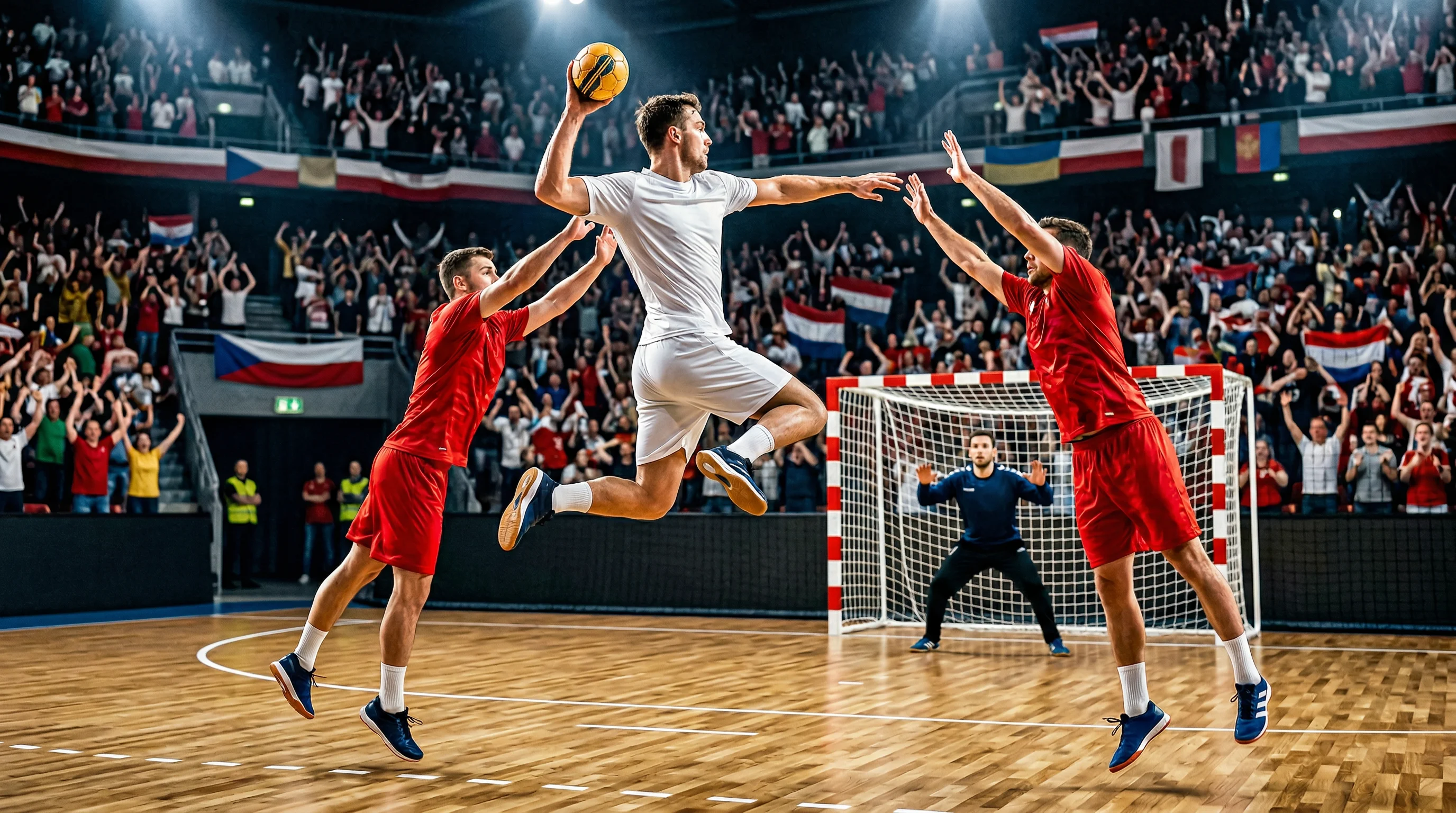 Handball-Spieler im Sprungwurf mit konzentriertem Blick auf das Tor bei der WM