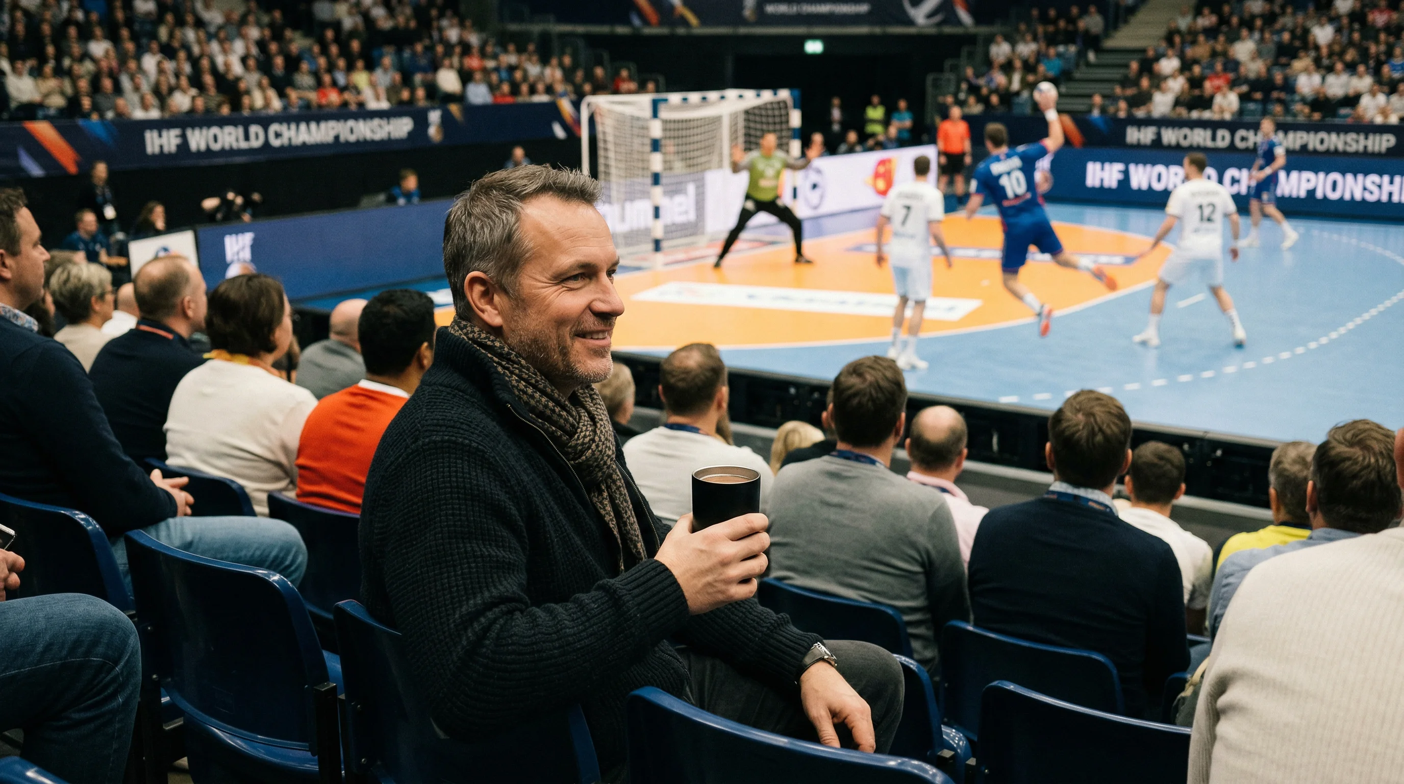 Zuschauer verfolgt entspannt ein Handball-WM-Spiel in einer Arena