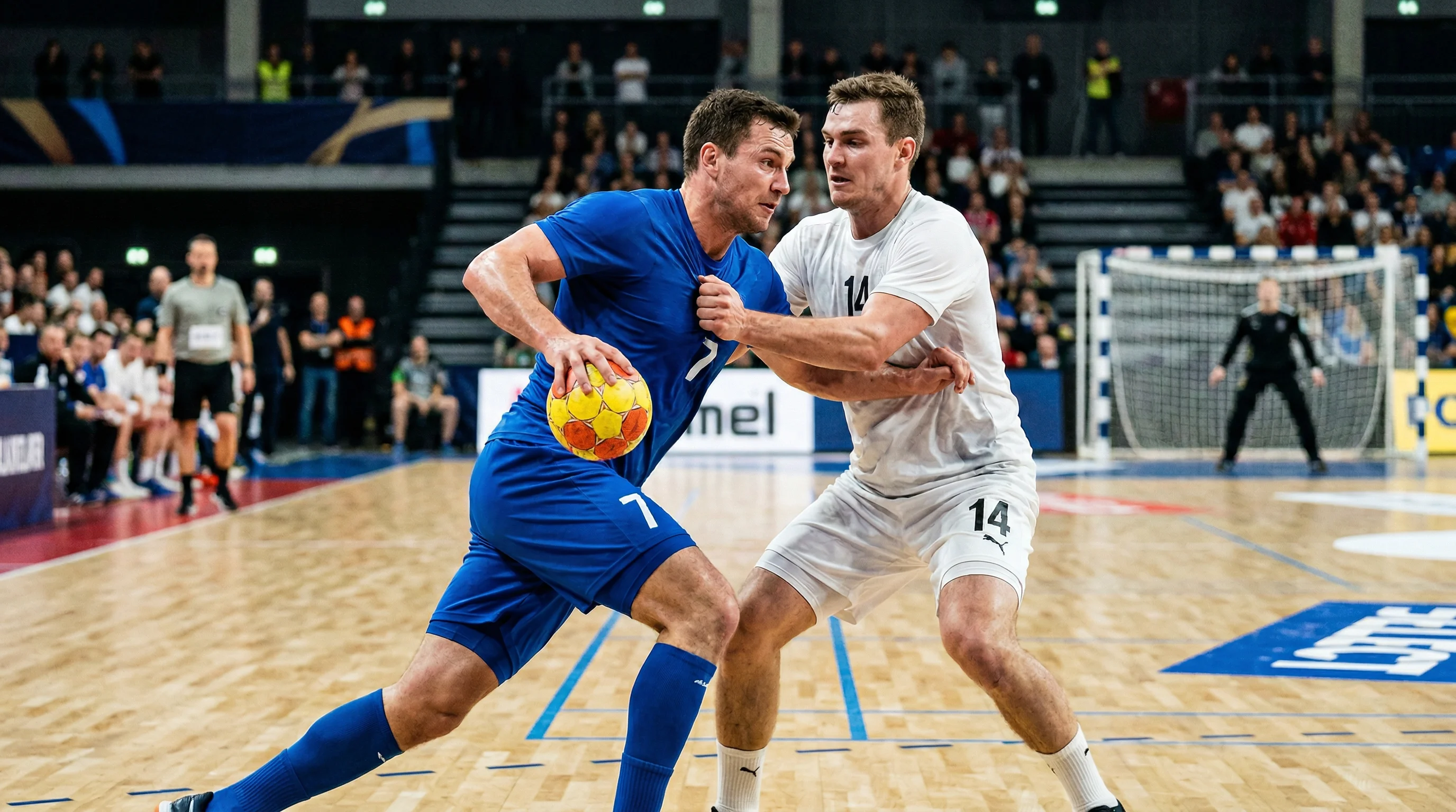Zwei Handball-Spieler aus verschiedenen Nationen im direkten Duell bei einem Turnier
