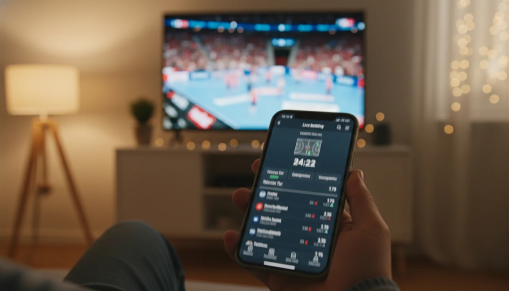 Fan platziert Live-Wette auf dem Smartphone während eines Handball-Spiels